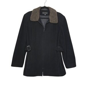 Gallery Black Wool Blend Berber Collar Zip Up Peacoat Jacket XL